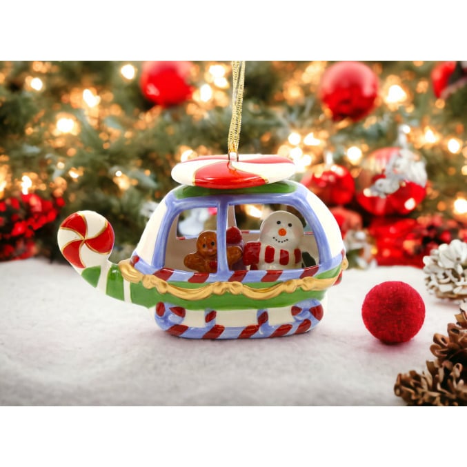 Ceramic Christmas Snowman Helicopter Ornament 5.5in Home Gift Image 1