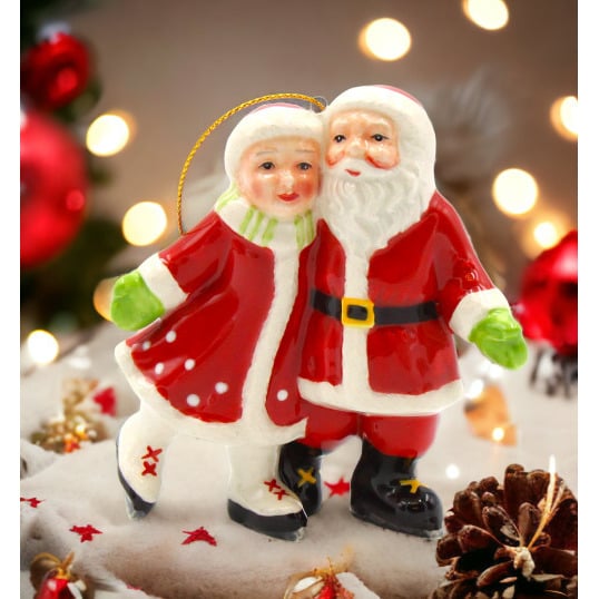 Ceramic Santa and Mrs Claus Ice Skating Ornament 3.625 x 1.5 x 4 Image 1