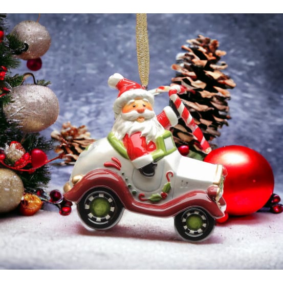 Ceramic Santa Driving Car Ornament 3x2.875 Inches Christmas Gift Image 1