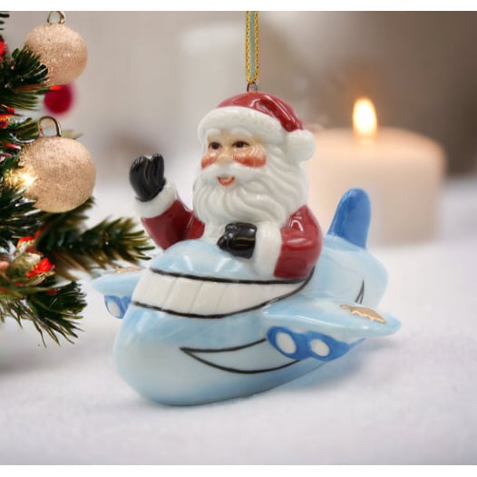 Ceramic Santa Ornament Blue Airplane 3.5 Inch Christmas Image 1