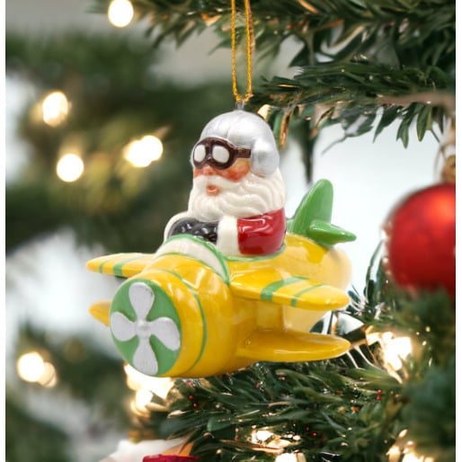 Ceramic Santa Ornament Yellow Airplane 3.375"  Christmas Image 1