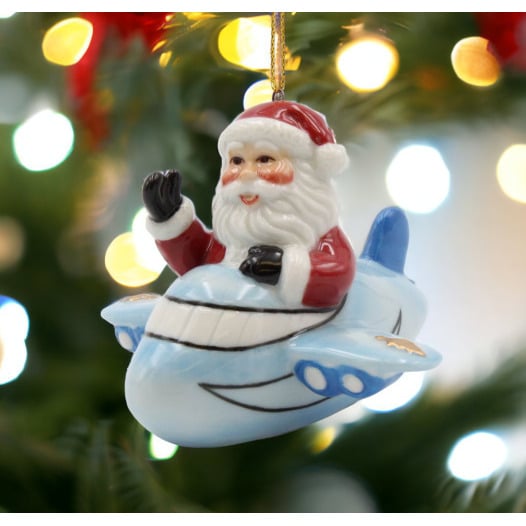 Ceramic Santa Ornament Blue Airplane 3.5 Inch Christmas Image 2