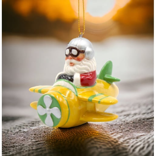 Ceramic Santa Ornament Yellow Airplane 3.375"  Christmas Image 2