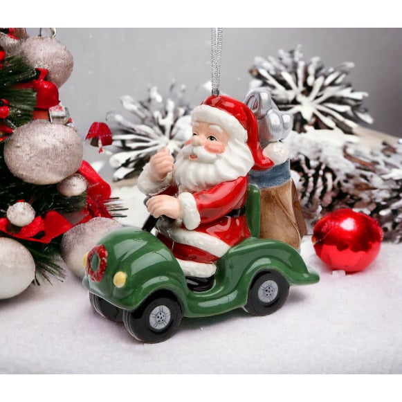 Ceramic Christmas Golf Cart Santa Ornament 3.875 x 1.875 x 3.625 Gift for Golfer Image 1