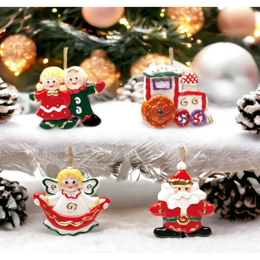 Ceramic Holiday Ornaments Set of 4 Train Angel Santa Children Gift Image 1