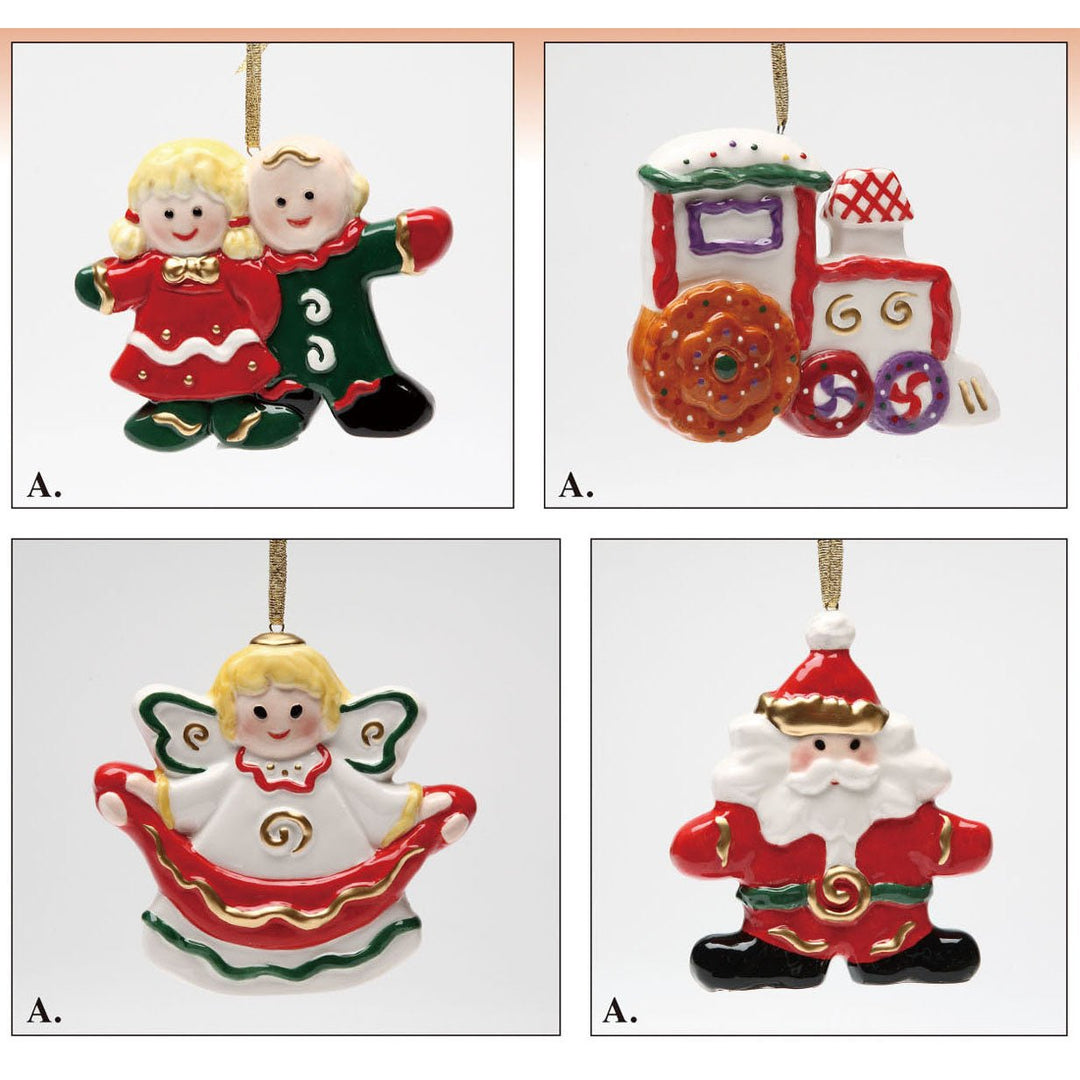 Ceramic Holiday Ornaments Set of 4 Train Angel Santa Children Gift Image 2