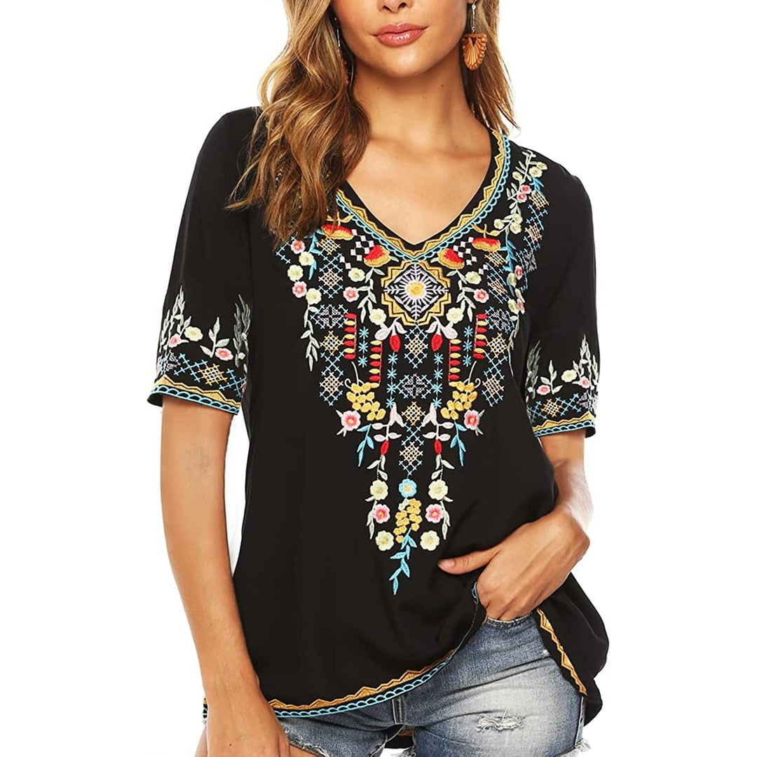 Womens Emboridered Tops Short Sleeve Blouse Ethnic Style Floral Pattern Shirts Tunics Blouse Image 1