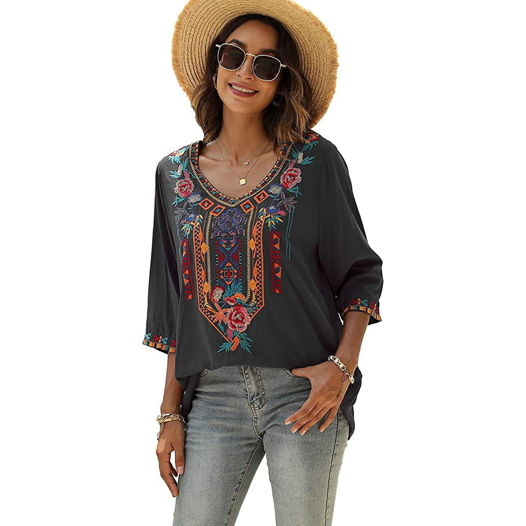 Womens Summer Boho Embroidery Mexican Bohemian Tops V Neck 3/4 Sleeve Causal Loose Shirt Blouse Tunic Image 3