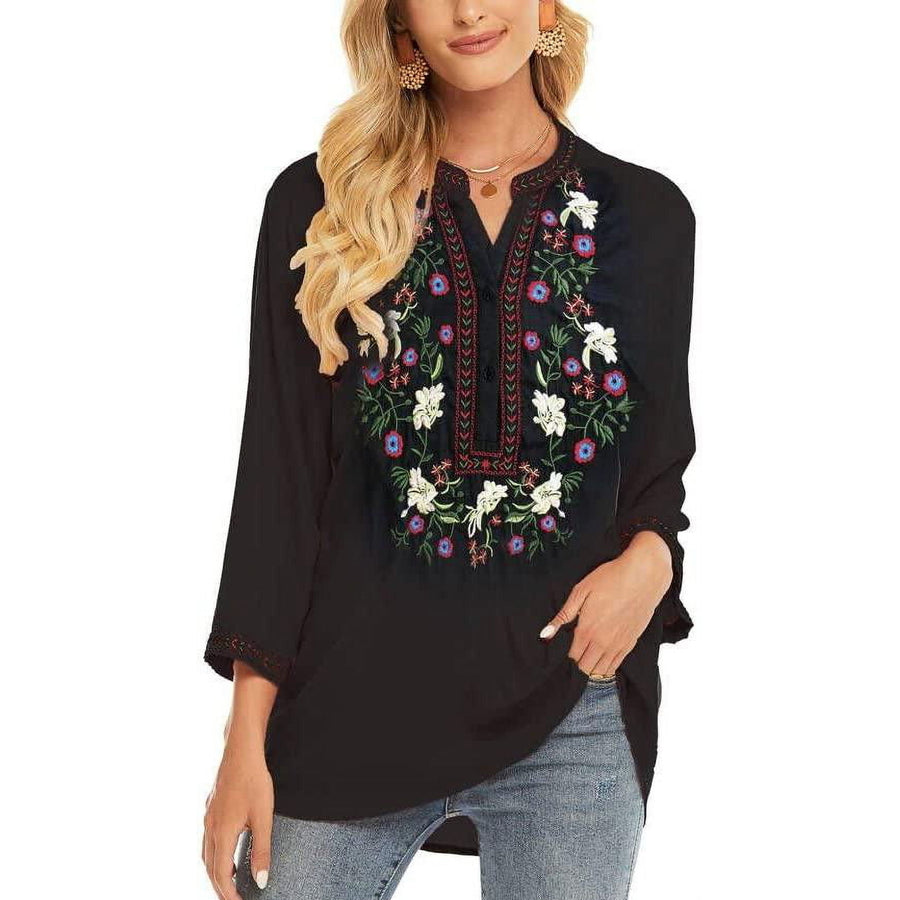 Womens Mexican Embroidered Tops Bohemian Clothes 3/4 Sleeve V Neck Boho Shirts Peasant Tunics Blouses Image 1