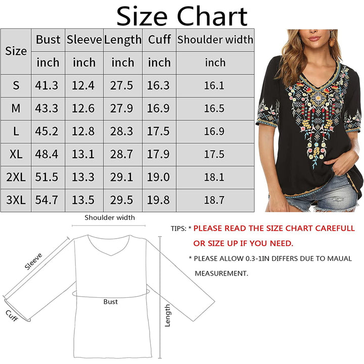 Womens Emboridered Tops Short Sleeve Blouse Ethnic Style Floral Pattern Shirts Tunics Blouse Image 2