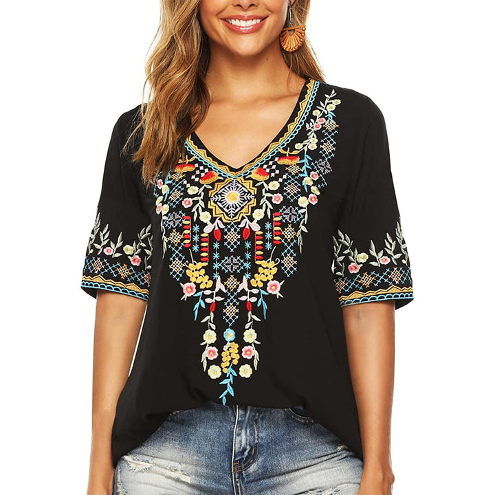 Womens Emboridered Tops Short Sleeve Blouse Ethnic Style Floral Pattern Shirts Tunics Blouse Image 3