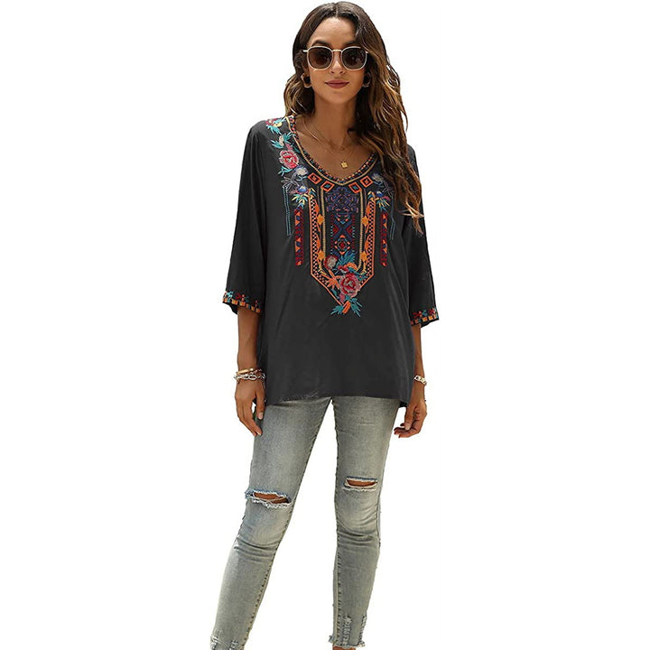 Womens Summer Boho Embroidery Mexican Bohemian Tops V Neck 3/4 Sleeve Causal Loose Shirt Blouse Tunic Image 4