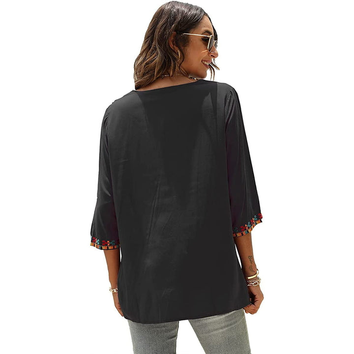 Womens Summer Boho Embroidery Mexican Bohemian Tops V Neck 3/4 Sleeve Causal Loose Shirt Blouse Tunic Image 4