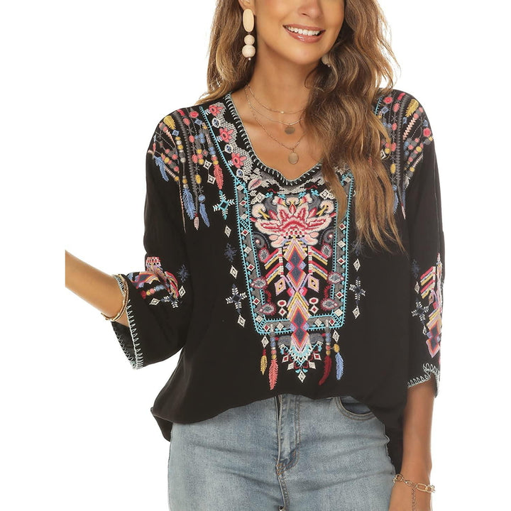 Women Mexican Embroidered Shirt for Women Bohemian Style Top Blouse 3/4 Sleeve Summer Casual Tunics Image 1