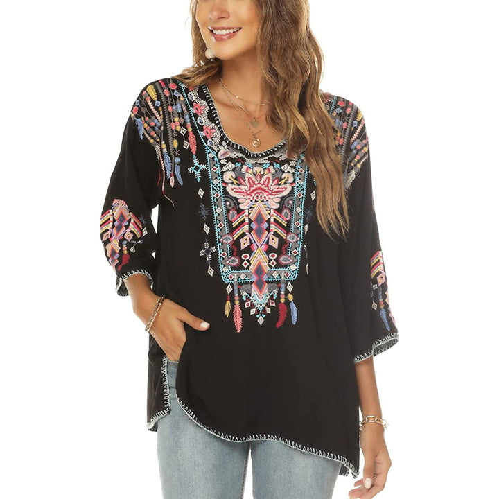 Women Mexican Embroidered Shirt for Women Bohemian Style Top Blouse 3/4 Sleeve Summer Casual Tunics Image 3