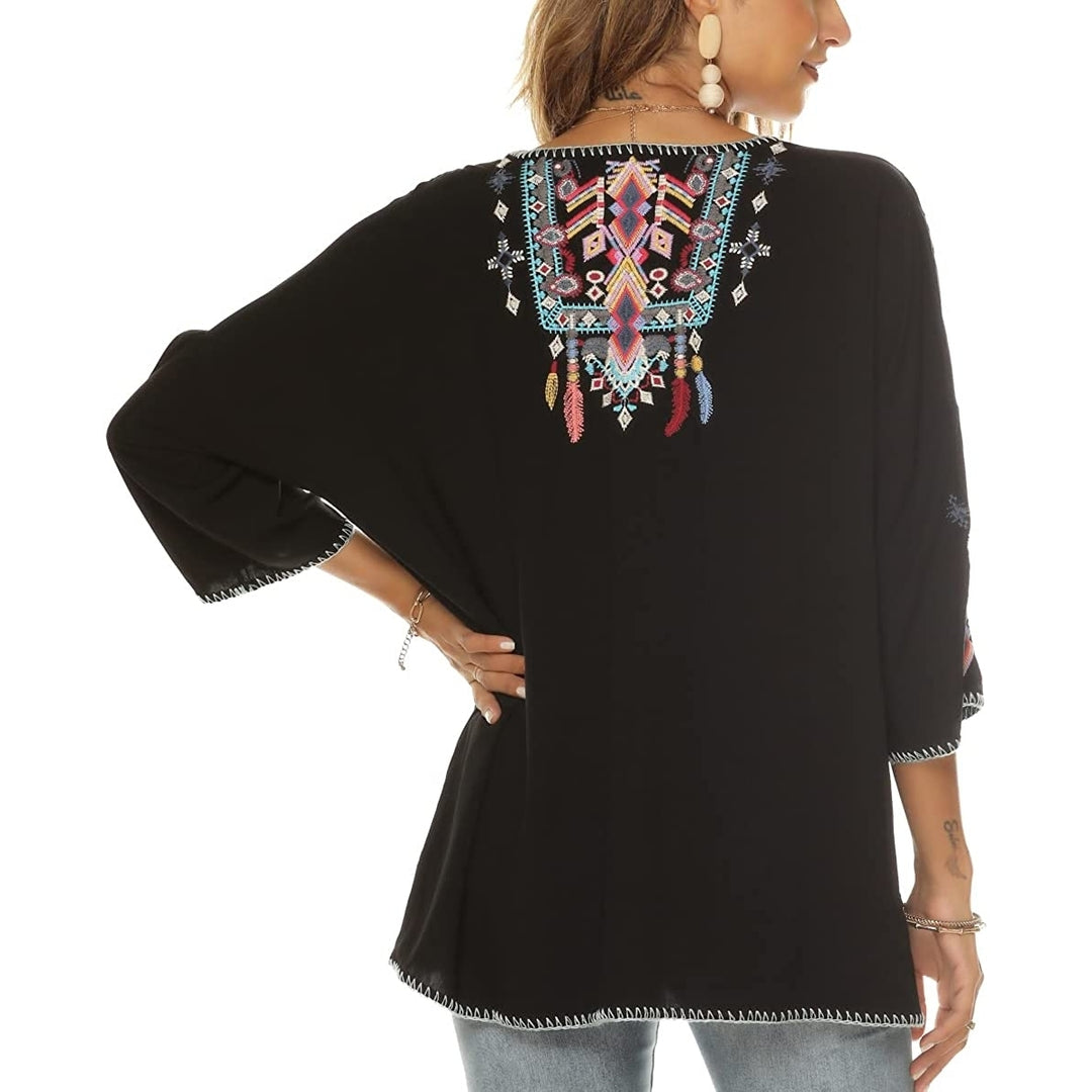 Women Mexican Embroidered Shirt for Women Bohemian Style Top Blouse 3/4 Sleeve Summer Casual Tunics Image 4