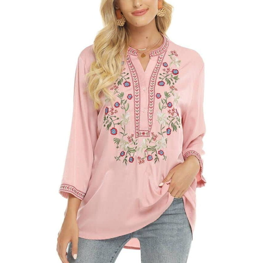 Womens Mexican Embroidered Tops Bohemian Clothes 3/4 Sleeve V Neck Boho Shirts Peasant Tunics Blouses Image 2