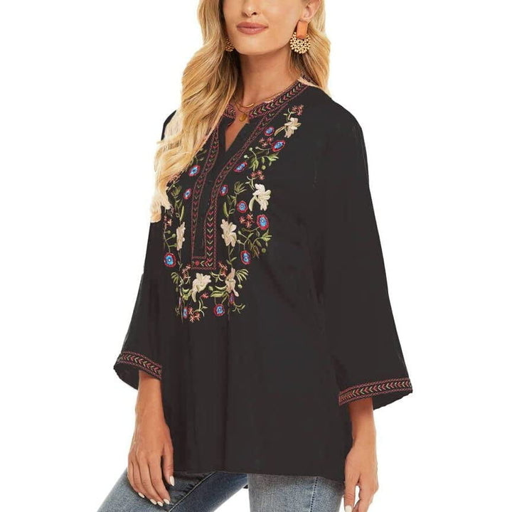 Womens Mexican Embroidered Tops Bohemian Clothes 3/4 Sleeve V Neck Boho Shirts Peasant Tunics Blouses Image 3