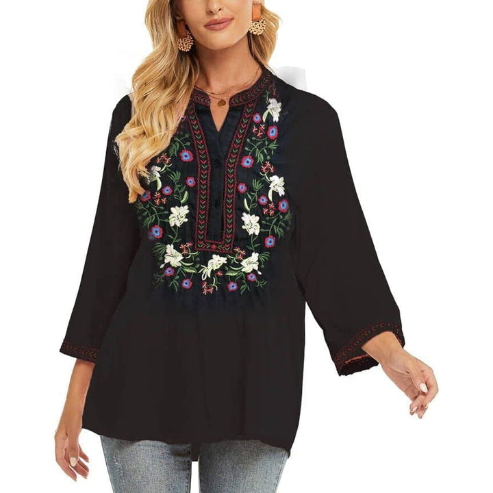 Womens Mexican Embroidered Tops Bohemian Clothes 3/4 Sleeve V Neck Boho Shirts Peasant Tunics Blouses Image 4