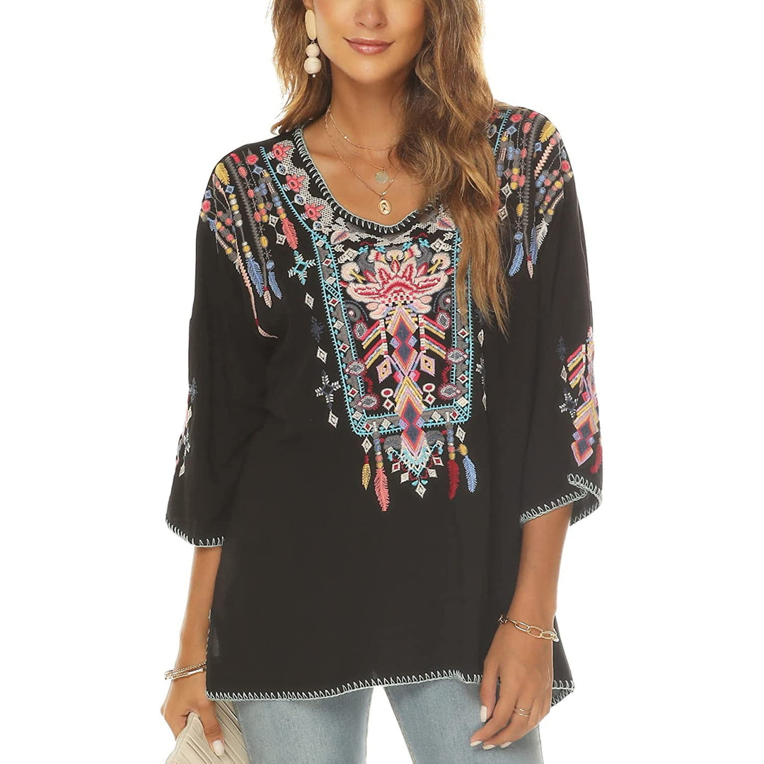 Women Mexican Embroidered Shirt for Women Bohemian Style Top Blouse 3/4 Sleeve Summer Casual Tunics Image 6