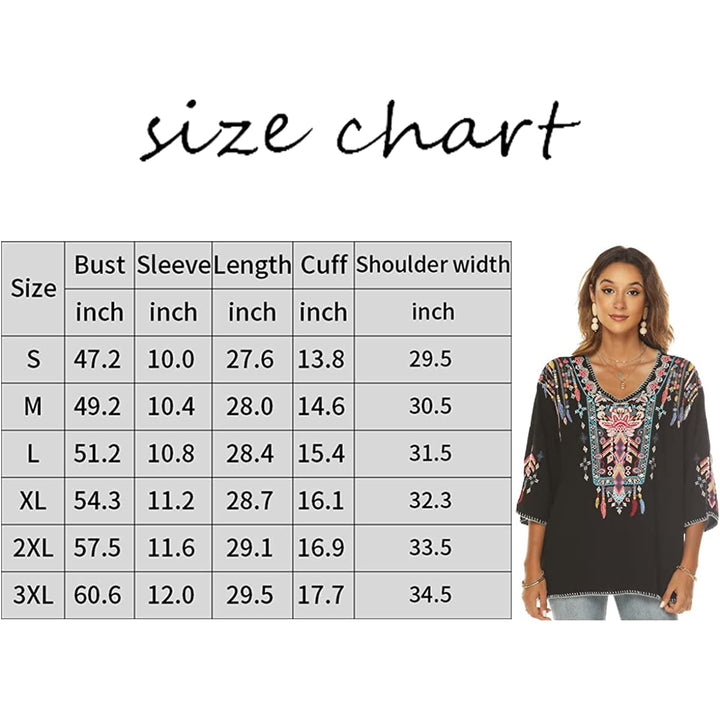 Women Mexican Embroidered Shirt for Women Bohemian Style Top Blouse 3/4 Sleeve Summer Casual Tunics Image 7