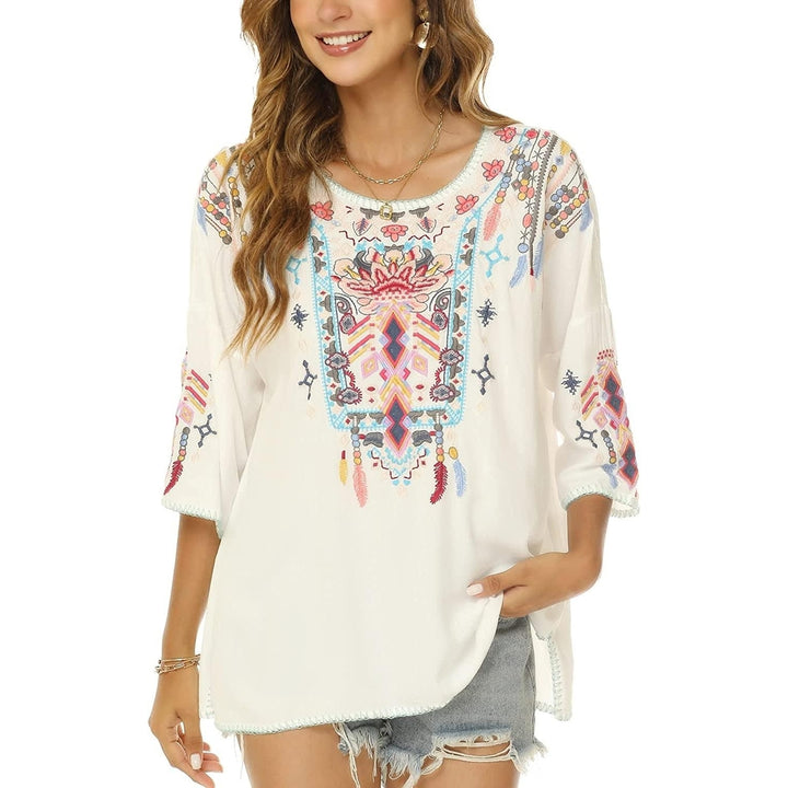 Women Mexican Embroidered Shirt for Women Bohemian Style Top Blouse 3/4 Sleeve Summer Casual Tunics Image 8