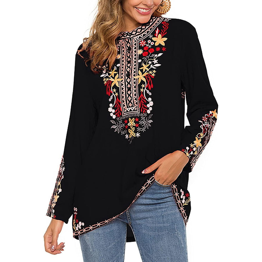 Embroidered Tops Long Sleeve Womens Mexican Boho Peasant Casual Loose Tunics Fall Blouse Shirts for Women Image 1