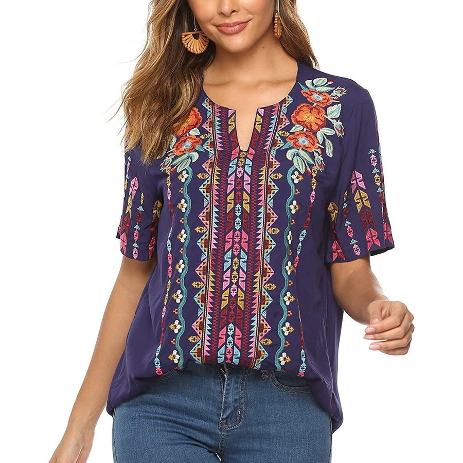 Womens Tops and Blouses Peasant Tops Embroidered Summer Casual Shirts V Neck Tunic Boho Top Image 1