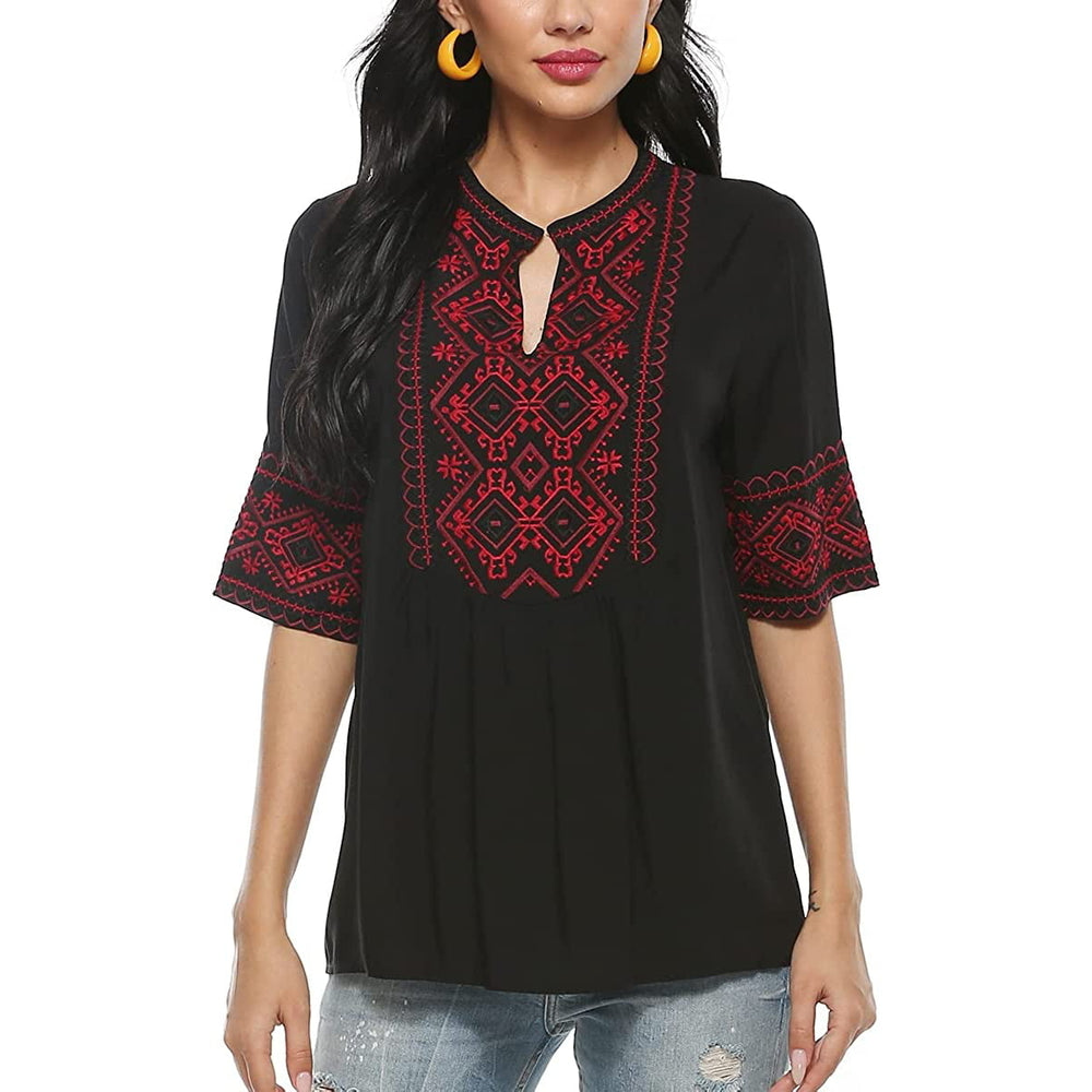 Embroidered Tops for Women Summer Boho Choth Mexican Bohemian Peasant Tops Loose 3/4 Sleeves Shirts Blouse Top Image 2