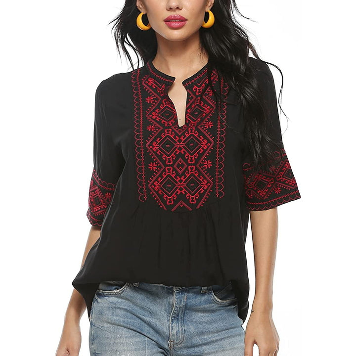 Embroidered Tops for Women Summer Boho Choth Mexican Bohemian Peasant Tops Loose 3/4 Sleeves Shirts Blouse Top Image 4