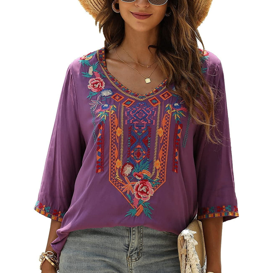 Womens Summer Boho Embroidery Mexican Bohemian Tops V Neck 3/4 Sleeve Causal Loose Shirt Blouse Tunic Image 7