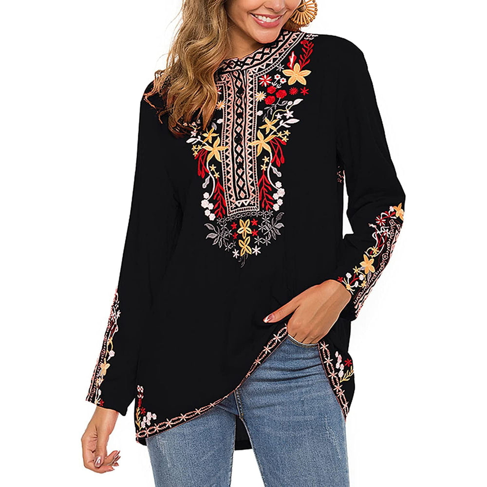 Embroidered Tops Long Sleeve Womens Mexican Boho Peasant Casual Loose Tunics Fall Blouse Shirts for Women Image 2