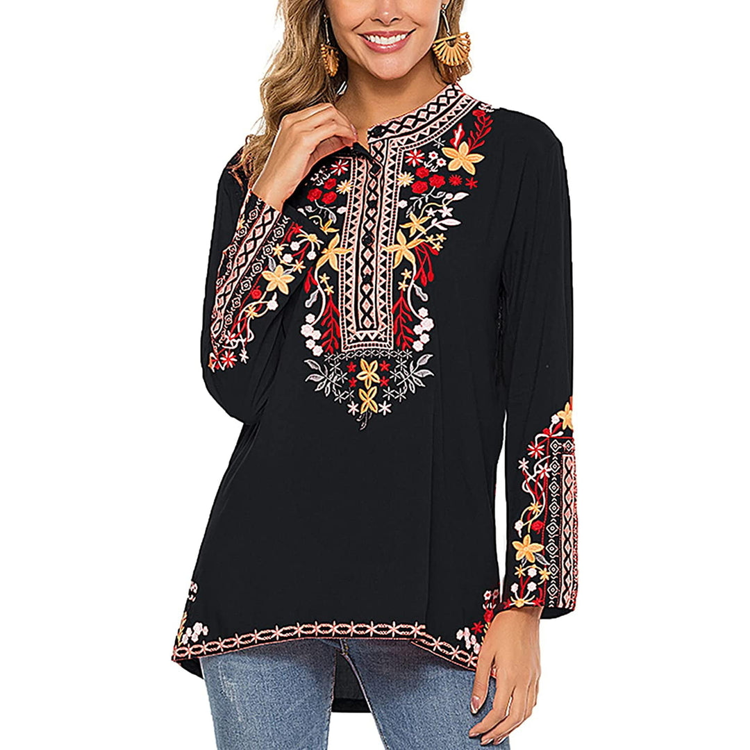 Embroidered Tops Long Sleeve Womens Mexican Boho Peasant Casual Loose Tunics Fall Blouse Shirts for Women Image 3