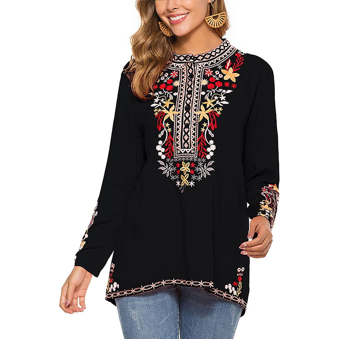 Embroidered Tops Long Sleeve Womens Mexican Boho Peasant Casual Loose Tunics Fall Blouse Shirts for Women Image 4