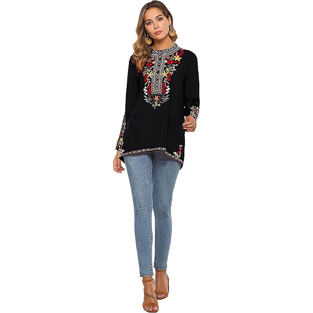 Embroidered Tops Long Sleeve Womens Mexican Boho Peasant Casual Loose Tunics Fall Blouse Shirts for Women Image 6