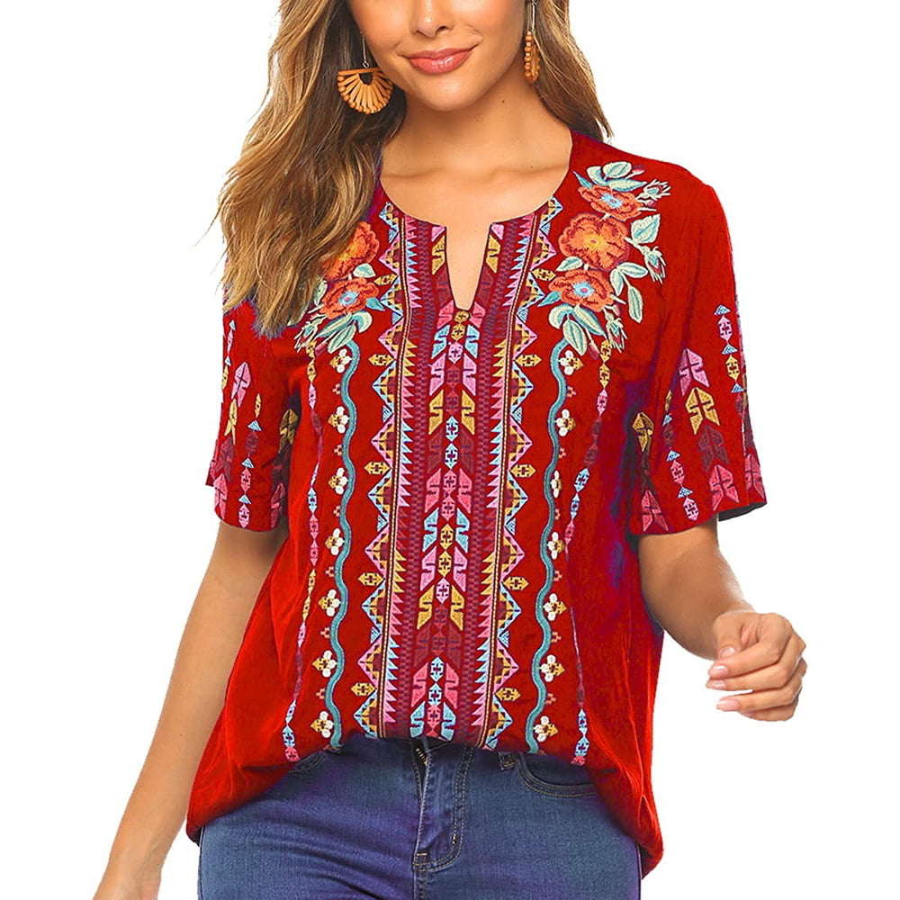 Womens Tops and Blouses Peasant Tops Embroidered Summer Casual Shirts V Neck Tunic Boho Top Image 2
