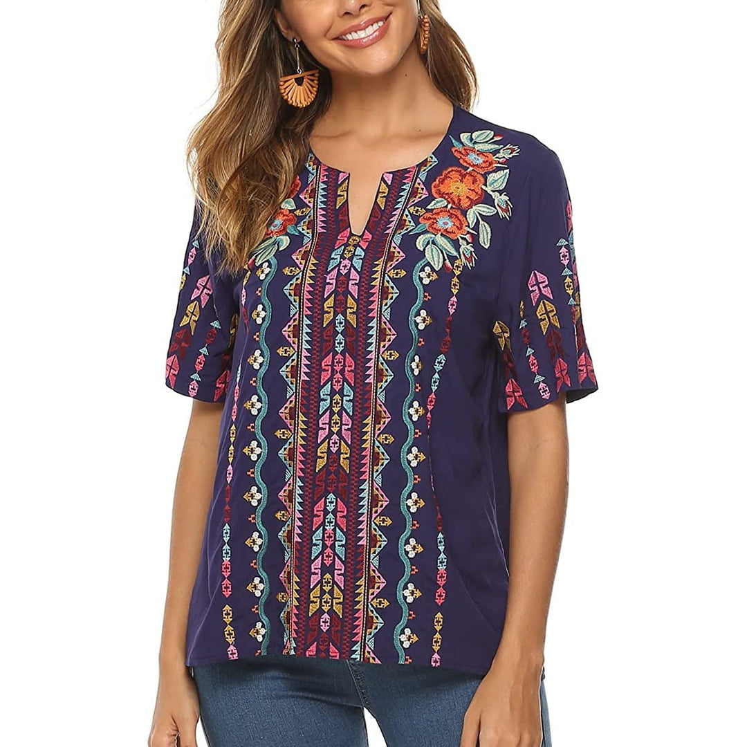 Womens Tops and Blouses Peasant Tops Embroidered Summer Casual Shirts V Neck Tunic Boho Top Image 3