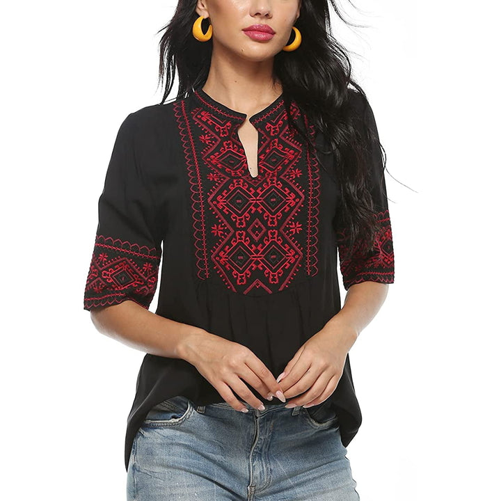 Embroidered Tops for Women Summer Boho Choth Mexican Bohemian Peasant Tops Loose 3/4 Sleeves Shirts Blouse Top Image 4