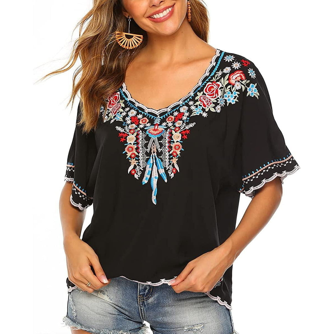 Womens Embroidered Tops Short Sleeve Shirts Traditional Pattern of Feathers and Flowers Ethnic Style Blouse Image 1