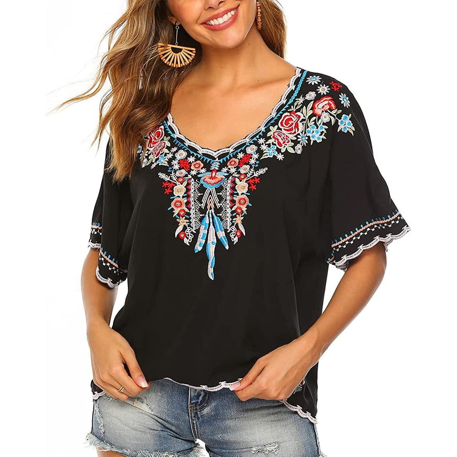 Womens Embroidered Tops Short Sleeve Shirts Traditional Pattern of Feathers and Flowers Ethnic Style Blouse Image 1