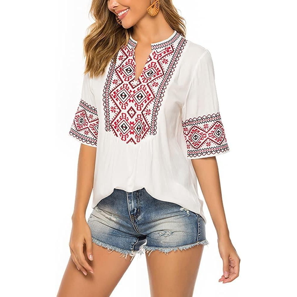 Embroidered Tops for Women Summer Boho Choth Mexican Bohemian Peasant Tops Loose 3/4 Sleeves Shirts Blouse Top Image 9