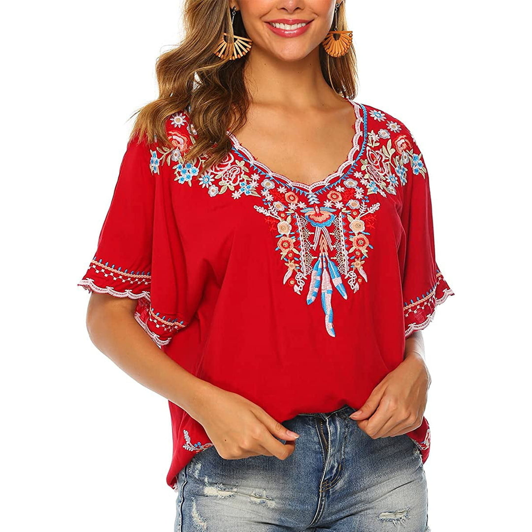 Womens Embroidered Tops Short Sleeve Shirts Traditional Pattern of Feathers and Flowers Ethnic Style Blouse Image 2