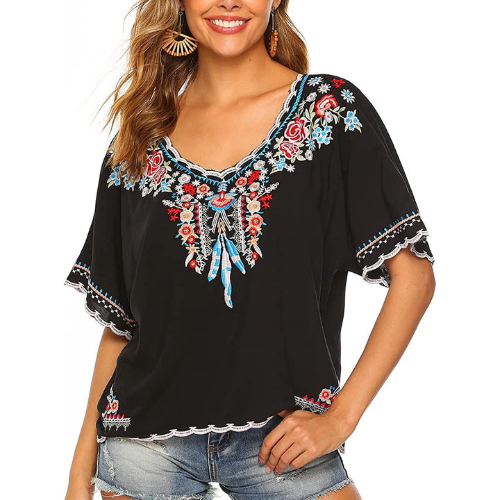 Womens Embroidered Tops Short Sleeve Shirts Traditional Pattern of Feathers and Flowers Ethnic Style Blouse Image 3