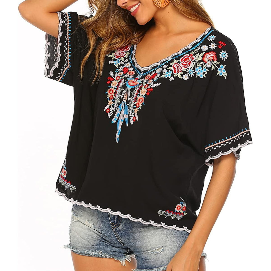 Womens Embroidered Tops Short Sleeve Shirts Traditional Pattern of Feathers and Flowers Ethnic Style Blouse Image 4