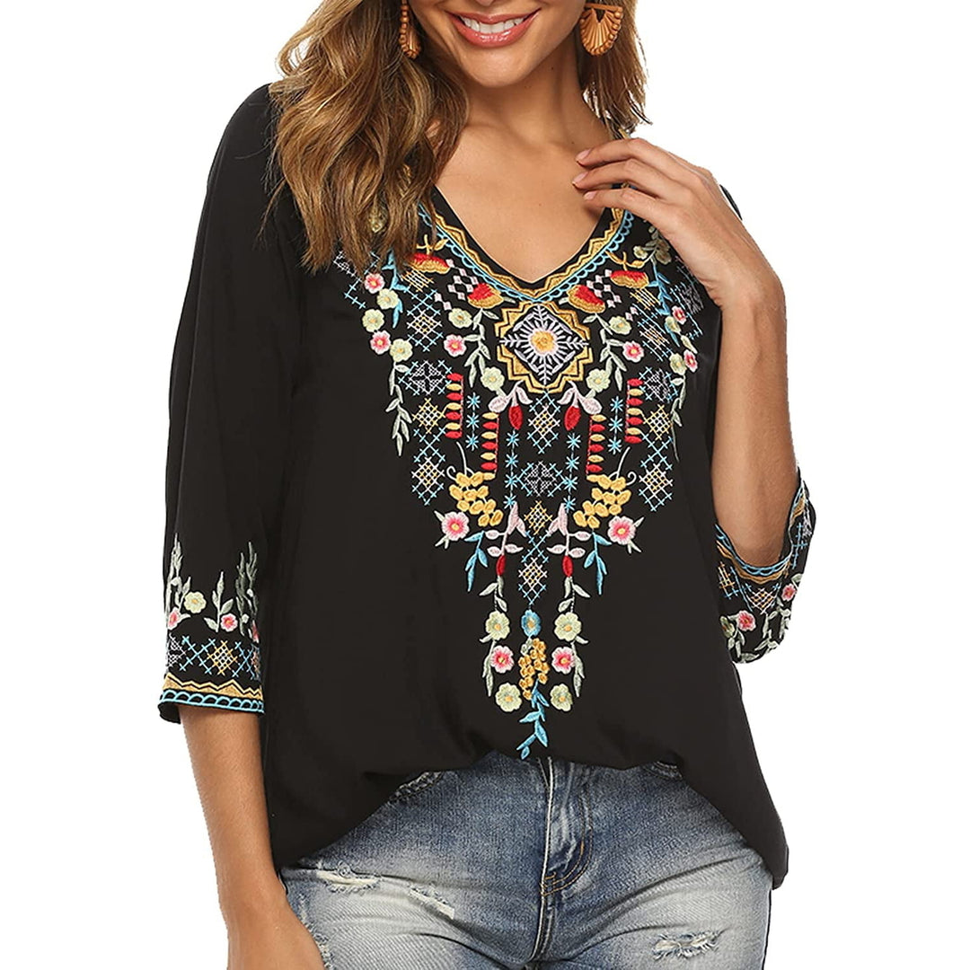 Mexican Embroidered Shirts for Women Boho Tops and Blouses 3/4 Sleeve Bohemian Peasant Summer Fall Tunic Top Image 3