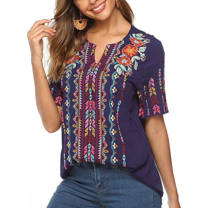 Womens Tops and Blouses Peasant Tops Embroidered Summer Casual Shirts V Neck Tunic Boho Top Image 4