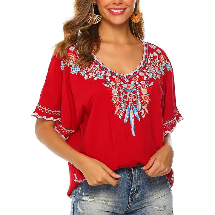 Womens Embroidered Tops Short Sleeve Shirts Traditional Pattern of Feathers and Flowers Ethnic Style Blouse Image 8