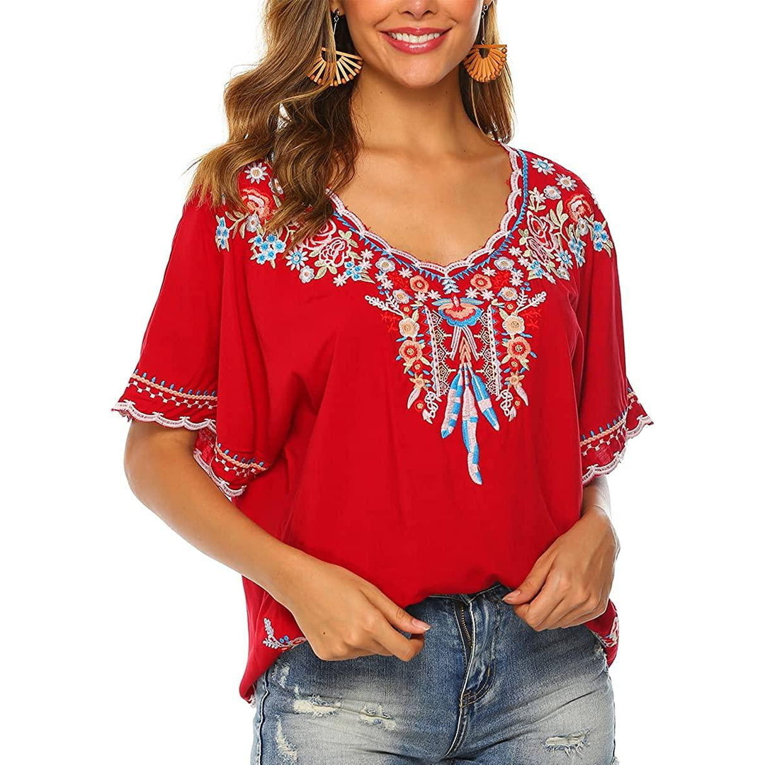 Womens Embroidered Tops Short Sleeve Shirts Traditional Pattern of Feathers and Flowers Ethnic Style Blouse Image 1