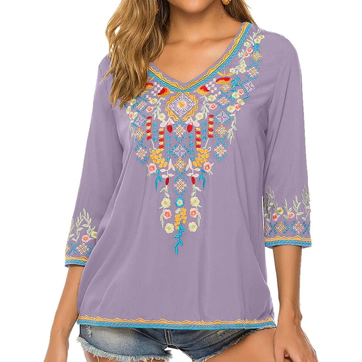 Mexican Embroidered Shirts for Women Boho Tops and Blouses 3/4 Sleeve Bohemian Peasant Summer Fall Tunic Top Image 9