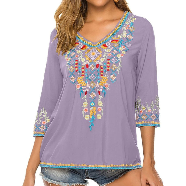 Mexican Embroidered Shirts for Women Boho Tops and Blouses 3/4 Sleeve Bohemian Peasant Summer Fall Tunic Top Image 1